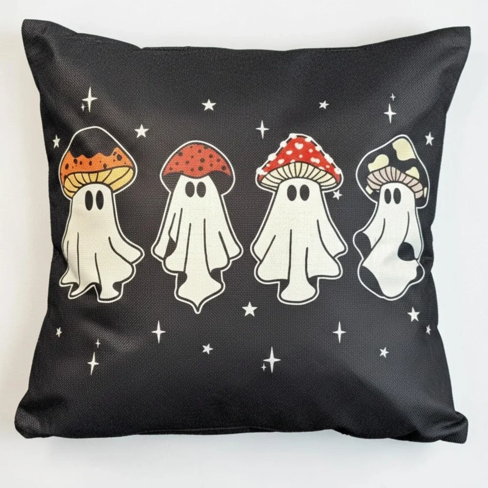 Ghost Mushroom Halloween Pillow‎ Cover Black Cottagecore Spooky Decor 18x18 NWOT